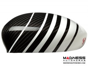 FIAT 500 Mirror Covers - Carbon Fiber - White Racing Stripe w/ Red Scorpion V2